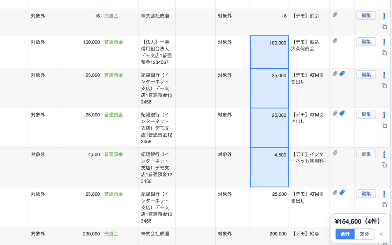 金額の合計・コピー — 右下のバッジに合計/差分とコピー機能が表示された画面